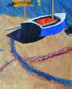 Beached Boat on the Sand I.Mixed media.Collage by Sally Bassett