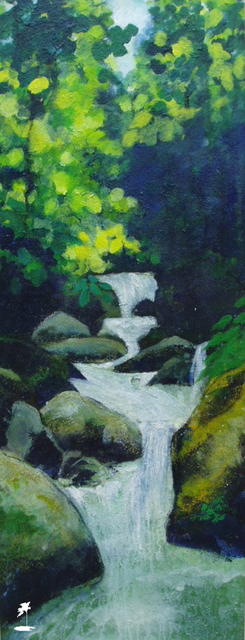 Mountain Waterfall and Sunlit Leaves