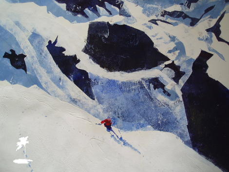 New Snow, Far Glacier and Skier in Red