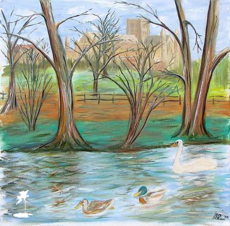 St Albans Abbey through trees by the Ver - Michael Roscoe St Albans Abbey through trees by the Ver - Michael Roscoe